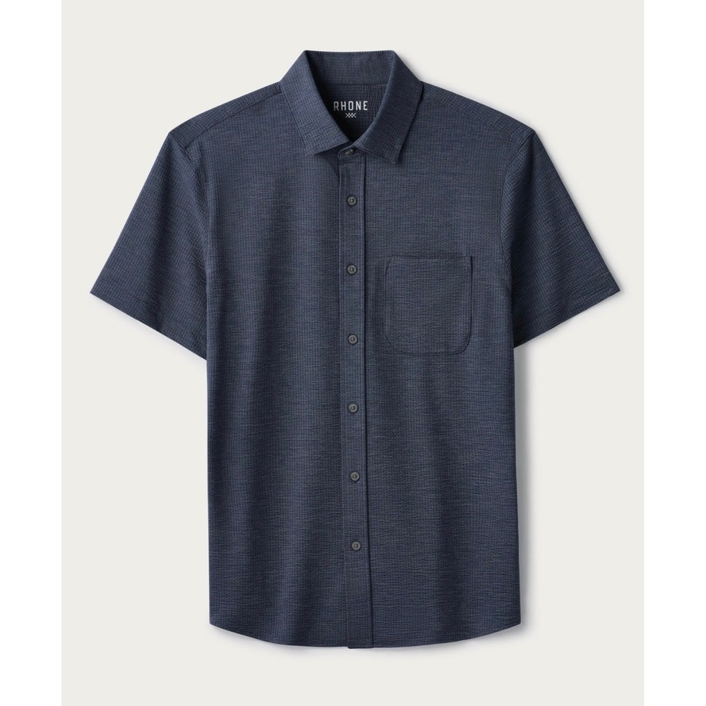 Rhone Seersucker Commuter Shirt Mens XL Navy Blue Short Sleeve Italian Fabric
